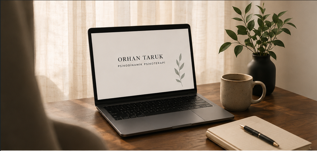 Online terapi için bilgisayar, defter ve sakin çalışma alanı