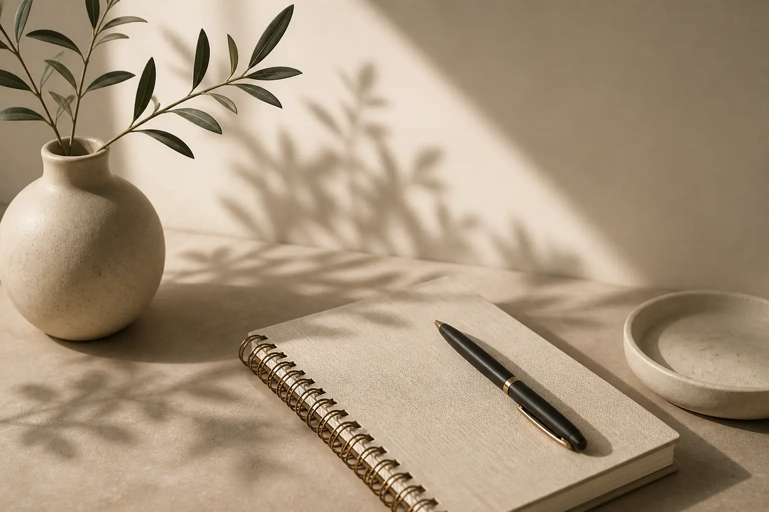 Psikoterapi süpervizyon çalışmaları için defter, kalem ve doğal ışık kompozisyonu